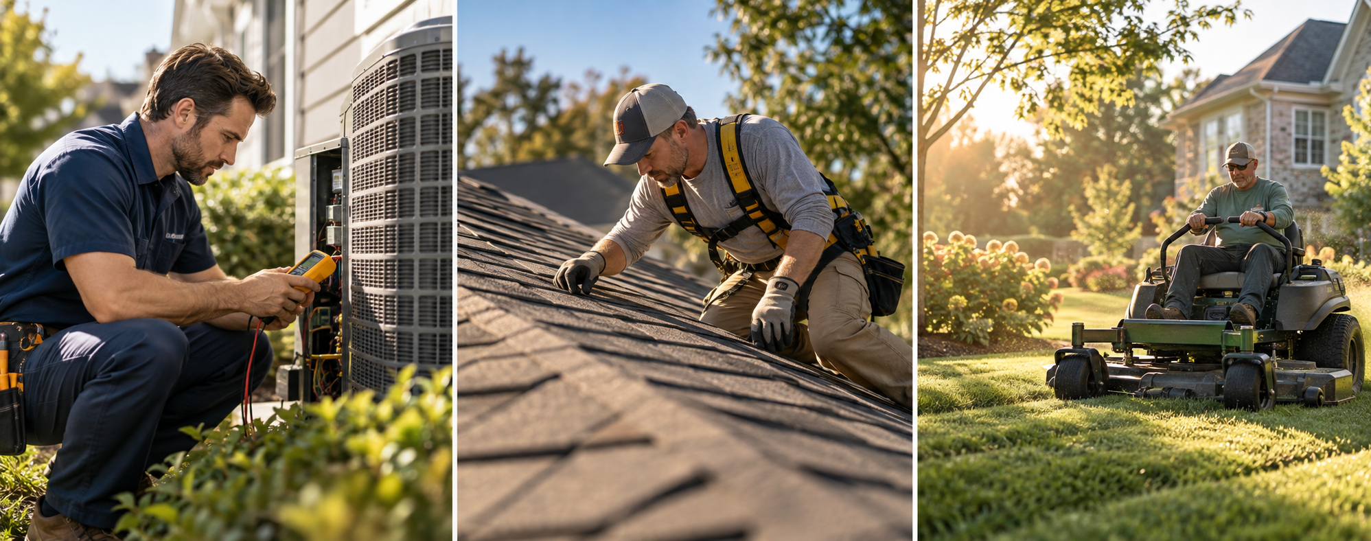 HVAC, roofing, and lawn-care professionals at work