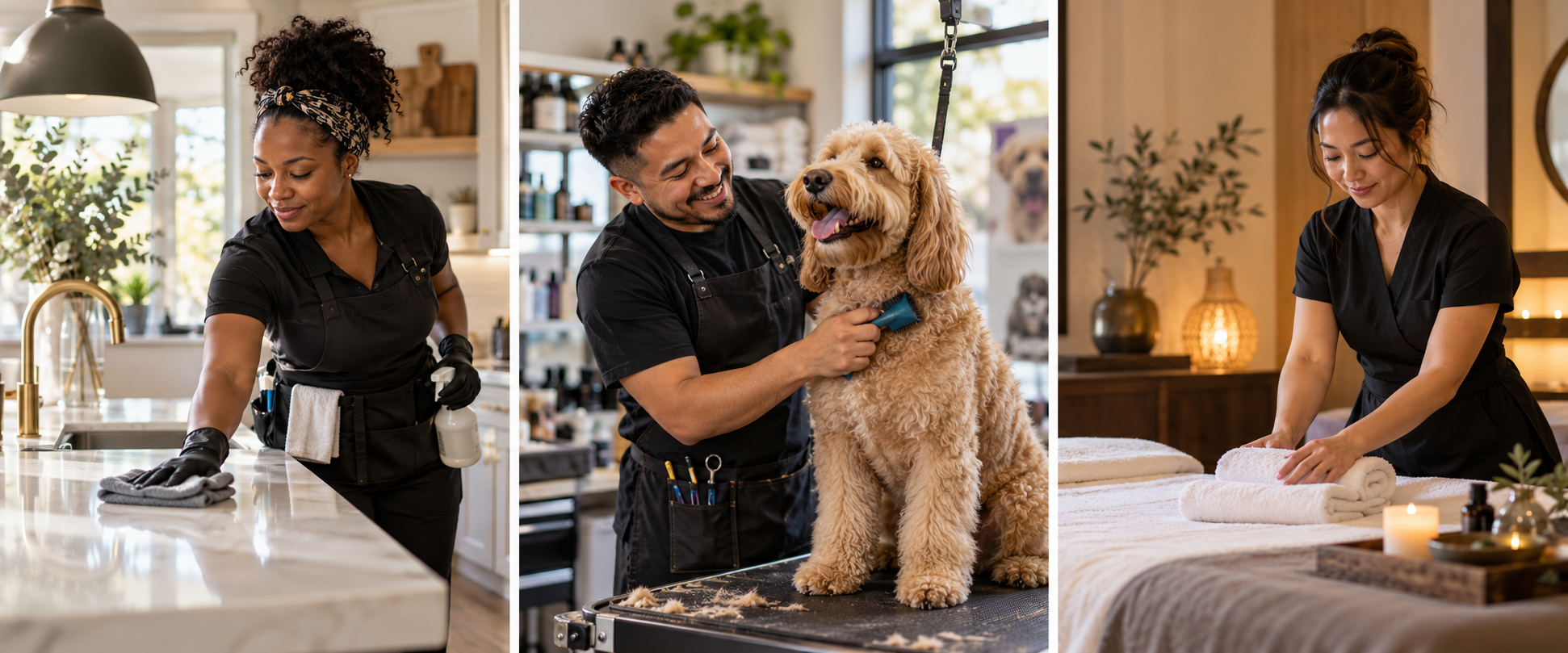 A professional cleaner, pet groomer, and wellness provider at work